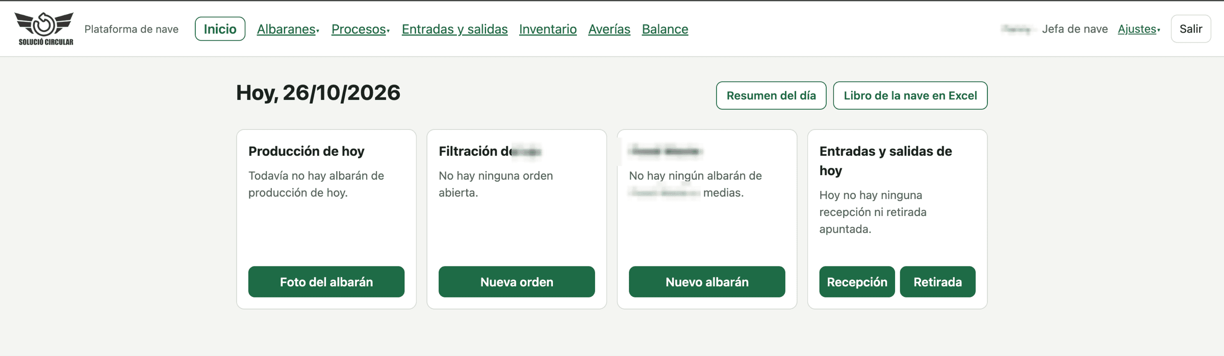 Pantalla de inicio de la plataforma de la nave de Solució Circular, con la fecha de hoy y cuatro tarjetas: producción, una orden de proceso, albaranes y entradas y salidas.