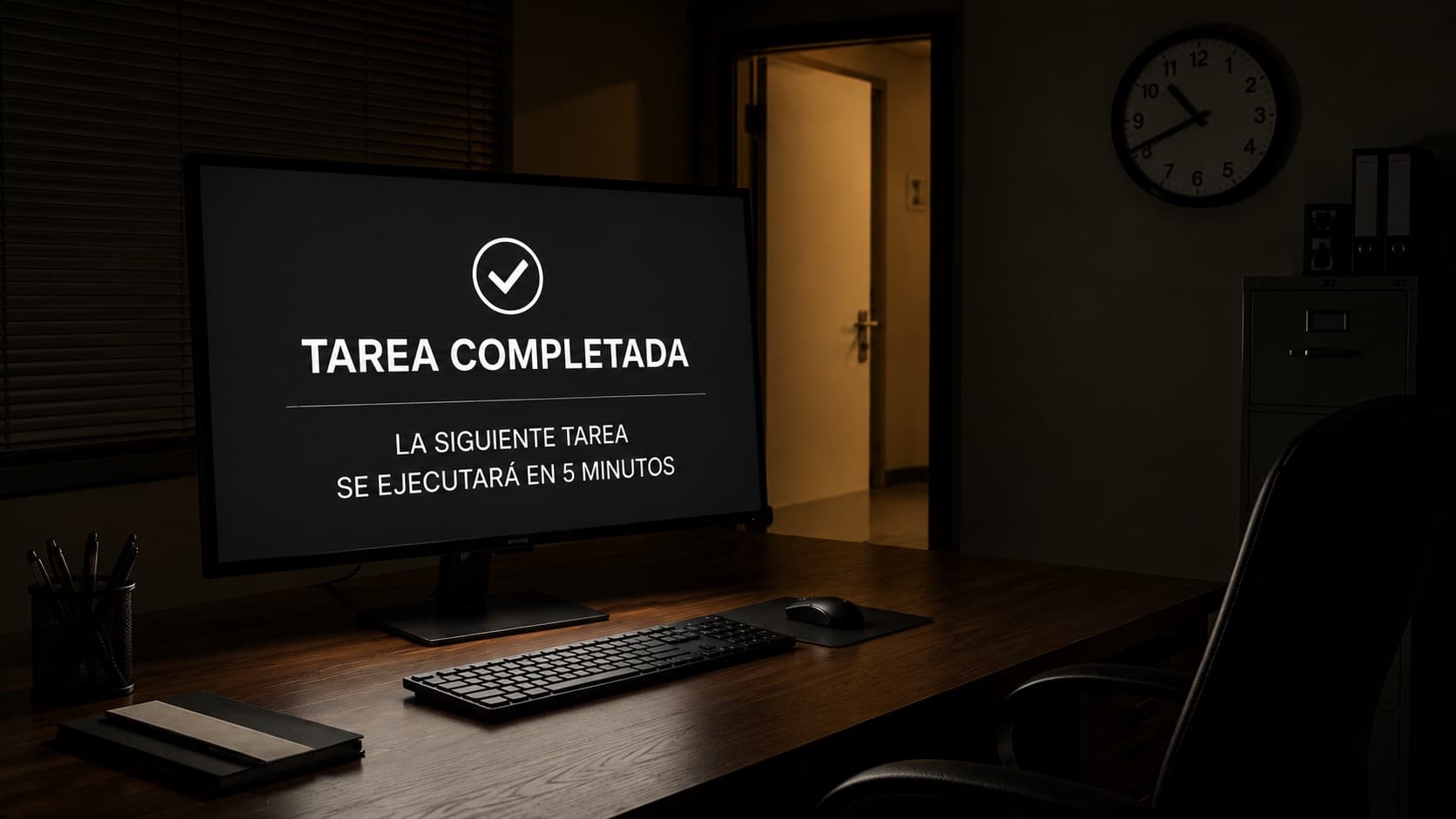 Una oficina vacía de noche. El reloj de pared marca las once menos cuarto y la silla está vacía, pero el monitor encendido muestra el aviso: tarea completada, la siguiente se ejecutará en cinco minutos.